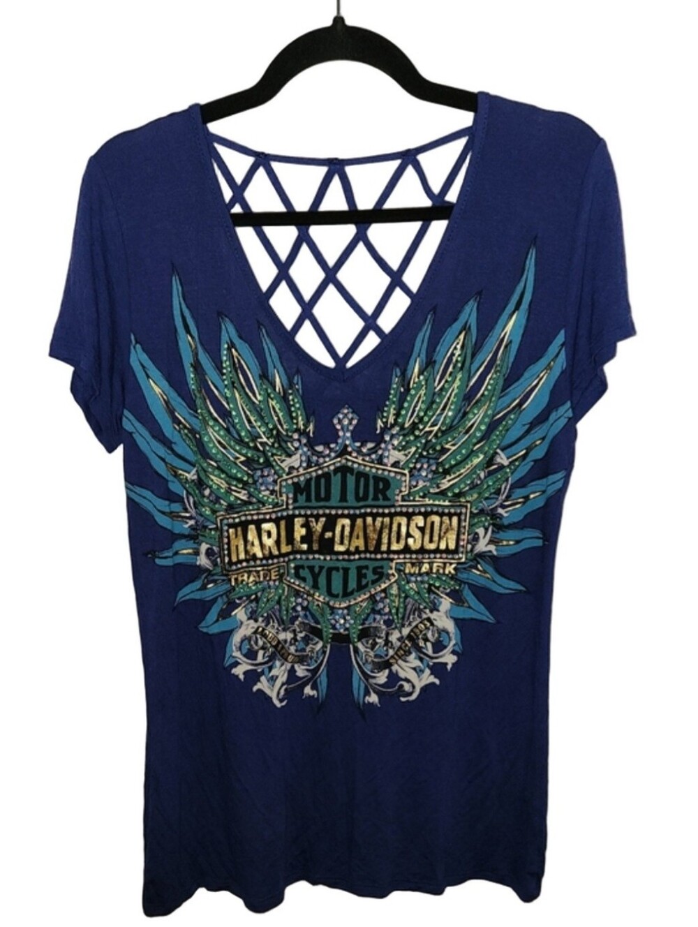 Harley-Davidson Rhinestone Live To Ride Free Bar & Shield Tee Size XL Blue - Picture 6 of 6